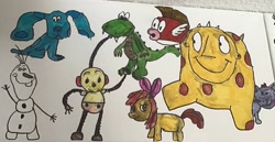 Size: 2863x1475 | Tagged: safe, apple bloom, cat, cheep cheep, crocodile, dog, earth pony, pony, robot, g4, beast, blue (blue's clues), blue's clues, canvas, croc, frozen (movie), maggie and the ferocious beast, olaf, olie polie, oogley beast, rolie polie olie, simple background, snow, snowman, super mario bros., traditional art, white background