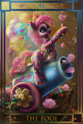 Size: 1581x2343 | Tagged: safe, artist:polnocnykot, gummy, pinkie pie, alligator, earth pony, pony, g4, april fools, balloon, beads, blue eyes, bracelet, bunting, cake, candle, candy, cannon, cliff, colored, confetti, cotton candy, cute, danger, decoration, duo, duo male and female, ear piercing, female, female focus, food, funny, gummy bear, happy, hat, holiday, jewelry, male, mare, necklace, open mouth, party, party cannon, party hat, party horn, pet, piercing, playing card, shiny, shooting, sitting, slinky, smiling, solo focus, tail, tarot, tarot card, teeth, the fool, thread, toy