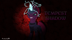 Size: 1920x1080 | Tagged: safe, artist:ahsokafan100, artist:cheezedoodle96, tempest shadow, pony, unicorn, g4, my little pony: the movie, armor, broken horn, eye scar, facial scar, female, glowing, glowing horn, gritted teeth, horn, mare, scar, solo, sparks, teeth, text, vector, wallpaper