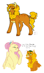 Size: 3096x5125 | Tagged: safe, artist:brushielovesu, fluttershy, oc, oc:mimosa, frog, pegasus, pony, g4, blush sticker, blushing, dialogue, duo, female, foal, grin, interspecies offspring, kirin hybrid, magical lesbian spawn, male, mother and child, mother and son, offspring, older, older fluttershy, parent:autumn blaze, parent:fluttershy, parents:autumnshy, pet, pet oc, simple background, smiling, white background