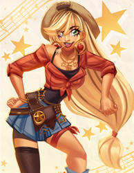 Size: 3185x4095 | Tagged: safe, artist:kyurochurro, part of a set, applejack, human, g4, alternate hairstyle, bandana, belt, bracelet, breasts, busty applejack, clothes, denim, denim skirt, ear piercing, earring, eyeshadow, female, flannel, holster, humanized, jewelry, lipstick, makeup, mismatched socks, music notes, necklace, open mouth, piercing, shirt, simple background, skirt, socks, solo, stars, stockings, straw in mouth, tan skin, tank top, thigh highs, white background