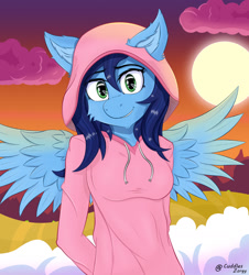 Size: 1440x1596 | Tagged: safe, artist:zorgycuddles, oc, oc only, oc:zorgy cuddles, pegasus, anthro, clothes, hands behind back, hoodie, looking at you, shy, sky, solo, spread wings, sunset, wings