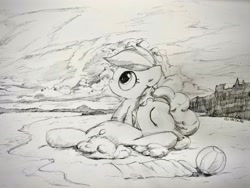 Size: 3280x2460 | Tagged: safe, artist:widelake, pinkie pie, rainbow dash, earth pony, pegasus, pony, g4, beach, beach ball, duo, female, high res, pencil drawing, traditional art