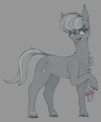 Size: 1200x1450 | Tagged: safe, artist:stray prey, silver spoon, earth pony, pony, g4, bedroom eyes, bow, braid, ear piercing, female, glasses, gray background, hair bow, jewelry, mare, necklace, older, piercing, simple background, solo