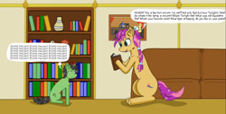 Size: 1635x828 | Tagged: safe, artist:nismorose, sunny starscout, oc, oc:anon, oc:filly anon, earth pony, pony, unicorn, g5, my little pony: a new generation, angry, annoyed, boat, book, bookshelf, cheek fluff, chest fluff, couch, ear fluff, excited, female, filly, flower, happy, horn, implied twilight sparkle, indoors, picture, picture frame, sitting, slumped, speech, speech bubble, starry eyes, talking, text, unicorn oc, vase, wingding eyes