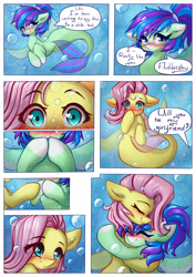 Size: 3508x4961 | Tagged: safe, artist:chaosangeldesu, fluttershy, oc, oc:star breeze, pegasus, seapony (g4), g4, blushing, bubble, canon x oc, comic, commission, crepuscular rays, cute, dialogue, dorsal fin, female, fin, fin wings, fins, fish tail, flowing mane, flowing tail, hug, lesbian, mare, ocean, scales, seaponified, seapony fluttershy, shipping, smiling, species swap, spread wings, sunlight, swimming, tail, underwater, water, wings