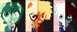 Size: 1852x769 | Tagged: safe, artist:harmonicdreemur1308, pony, unicorn, 2020, anime, base used, grin, izuku midoriya, katsuki bakugou, male, my hero academia, old art, ponified, shoto todoroki, smiling, split screen, stallion, two sides