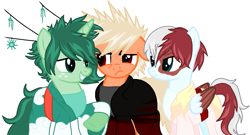 Size: 983x532 | Tagged: safe, artist:harmonicdreemur1308, earth pony, pegasus, pony, unicorn, 2020, anime, base used, colored wings, frown, grin, izuku midoriya, katsuki bakugou, my hero academia, old art, ponified, shoto todoroki, simple background, smiling, two toned wings, white background, wings