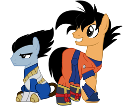 Size: 1815x1615 | Tagged: safe, artist:harmonicdreemur1308, earth pony, pony, g4, 2020, base used, clothes, dragon ball, dragon ball z, duo, frown, looking back, male, old art, raised hoof, simple background, sitting, son goku, stallion, vegeta, white background