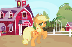 Size: 1316x863 | Tagged: safe, artist:mlpfan3991, applejack, earth pony, pony, g4, applebutt, barn, bedroom eyes, butt, farm, female, flank, looking at you, looking back, looking back at you, mare, plot, raised hoof, sexy, solo, sweet apple acres, vector