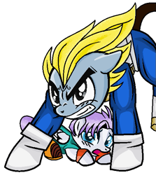 Size: 493x553 | Tagged: safe, artist:harmonicdreemur1308, earth pony, pegasus, pony, 2020, angry, anime, base used, colt, dragon ball, dragon ball z, duo, father and child, father and son, foal, kid trunks, male, old art, protecting, scared, simple background, stallion, trunks (dragon ball), vegeta, white background