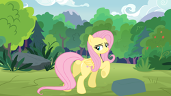 Size: 1316x740 | Tagged: safe, artist:mlpfan3991, fluttershy, pegasus, pony, g4, butt, female, flutterbutter, forest, mare, plot, pose, raised hoof, rock, sexy, solo, tree