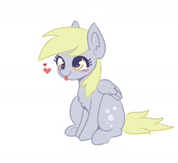 Size: 2027x1858 | Tagged: safe, artist:purinbee, derpy hooves, pegasus, pony, g4, blushing, cute, derpabetes, female, floating heart, heart, mare, simple background, sitting, solo, tongue out, white background