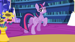 Size: 1316x740 | Tagged: safe, artist:mlpfan3991, twilight sparkle, alicorn, pony, g4, bedroom eyes, butt, butt tail, female, flower, library, looking at you, looking back, looking back at you, mare, plot, pose, raised hoof, sexy, smiling, solo, twibutt, twilight sparkle (alicorn), twilight's castle, twilight's castle library, underhoof, vase