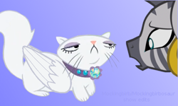 Size: 530x318 | Tagged: safe, artist:mockingbirb, opalescence, zecora, g4, alicorn wings, concerned, cover art, shocked, shocked expression, show accurate, surprised, winged cat, wings, worried