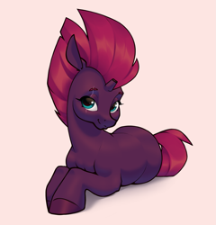Size: 2375x2475 | Tagged: safe, artist:aquaticvibes, fizzlepop berrytwist, tempest shadow, pony, unicorn, g4, broken horn, cute, eye scar, eyebrows, facial scar, female, high res, horn, looking at you, lying down, mare, prone, scar, shadow, simple background, smiling, smiling at you, solo, tan background, tempestbetes