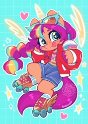 Size: 2381x3368 | Tagged: safe, artist:oofycolorful, sunny starscout, alicorn, earth pony, pony, semi-anthro, g5, :p, alicornified, artificial horn, artificial wings, augmented, clothes, cute, female, heart, high res, horn, looking at you, magic, magic horn, magic wings, mane stripe sunny, mare, ponytail, race swap, roller skates, signature, skates, smiling, smiling at you, smoothie, solo, sparkles, starry eyes, stars, sunglasses, sunnybetes, sunnycorn, tongue out, wingding eyes, wingdings, wings