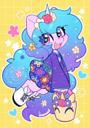 Size: 2381x3368 | Tagged: safe, artist:oofycolorful, izzy moonbow, pony, unicorn, semi-anthro, g5, abstract background, arm hooves, basket, boots, clothes, cute, eye clipping through hair, eyebrows, eyebrows visible through hair, female, flower, flower in hair, heart, heart eyes, high res, izzybetes, looking at you, mare, open mouth, open smile, shoes, signature, skirt, smiling, smiling at you, solo, sparkles, stars, teeth, unshorn fetlocks, wingding eyes