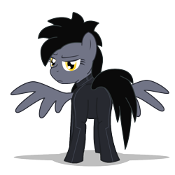 Size: 900x900 | Tagged: safe, artist:warren peace, oc, oc only, oc:rainy day, pegasus, pony, ashes town, fallout equestria, annoyed, butt, clothes, enclave, eyebrows, eyelashes, feathered wings, female, frown, full body, grand pegasus enclave, hooves, jumpsuit, looking at you, mare, pegasus oc, plot, raised tail, rear view, shadow, show accurate, simple background, solo, spread wings, standing, tail, transparent background, wings
