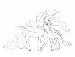 Size: 2048x1554 | Tagged: safe, artist:spectralunicorn, princess celestia, twilight sparkle, alicorn, classical unicorn, pony, g4, black and white, cloven hooves, duo, female, grayscale, height difference, horn, hug, leonine tail, mare, monochrome, nuzzling, one eye closed, simple background, sketch, tail, twilight sparkle (alicorn), unshorn fetlocks, white background, winghug, wings