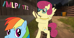 Size: 1360x711 | Tagged: safe, posey shy, rainbow dash, pegasus, pony, g4, /mlp/ tf2 general, barrel, disciplinary action (whip), duo, female, hoof hold, lights, mare, team fortress 2, text, train tracks, whip