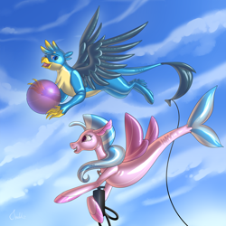 Size: 1706x1706 | Tagged: safe, artist:mekh, gallus, silverstream, balloon pony, griffon, hippogriff, inflatable pony, sea pony, g4, air nozzle, air pump, balloon, clothes, cloud, commission, conversation, fetish, floating, galloon, inflatable, inflatable fetish, inflatable griffon, inflatable seapony, inflatable toy, inflation, latex, living object, living toy, pointing, pool toy, pump, rubber, see-through, shiny, sky, talking, transformation, valve