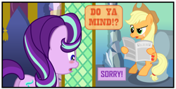 Size: 1579x803 | Tagged: safe, artist:gutovi, applejack, starlight glimmer, earth pony, pony, unicorn, g4, bathroom, blushing, but why, cropped, dialogue, i can explain, implied pooping, newspaper, sitting, sitting on toilet, toilet