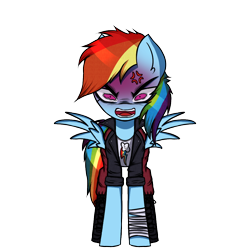 Size: 1000x1000 | Tagged: safe, alternate version, artist:menalia, rainbow dash, pegasus, pony, g4, angry, bandage, boots, clothes, danganronpa, female, jacket, leather, leather jacket, looking at you, mare, pants, pixel art, shirt, shoes, simple background, solo, sprite, style emulation, tomboy, transparent background, wings