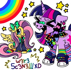 Size: 1611x1573 | Tagged: safe, artist:raystarkitty, fluttershy, twilight sparkle, pegasus, pony, unicorn, g4, :p, >.<, ><, bandaid, bandaid on nose, bow, clothes, converse, coontails, cute, cute little fangs, duo, duo female, eyes closed, fangs, female, heart, heart eyes, mare, meme, open mouth, rainbow, scene, shoes, shyabetes, simple background, sitting, spread wings, stars, tongue out, unicorn twilight, we're emo, white background, wingding eyes, wings, xd