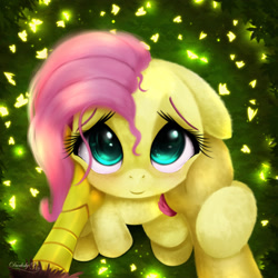 Size: 1800x1800 | Tagged: safe, artist:darksly, discord, fluttershy, butterfly, draconequus, pegasus, pony, g4, cute, female, floppy ears, glowing, hand on face, looking at you, mare, offscreen character, pov, shyabetes, signature, smiling, smiling at you, solo focus