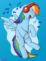 Size: 1500x1995 | Tagged: safe, artist:passionpanther, rainbow dash, pegasus, pony, series:ponies with headphones, g4, eyes closed, flying, headphones, music notes, open mouth, open smile, smiling, solo, spread wings, wings