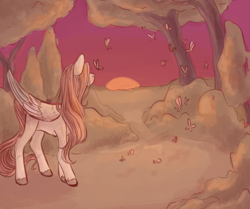 Size: 1024x855 | Tagged: safe, artist:flowercatbutters, fluttershy, butterfly, pegasus, pony, g4, facing away, female, mare, solo, sunset, tree