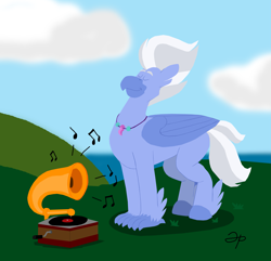 Size: 3571x3442 | Tagged: safe, artist:rotgriff, sky beak, hippogriff, g4, cloud, cute, eyes closed, folded wings, gramophone, happy, high res, jewelry, listening to music, male, music, music notes, necklace, outdoors, phonograph, record, record player, smiling, solo, wings