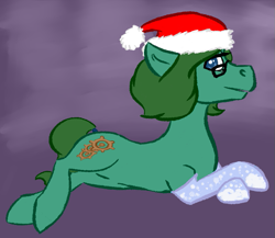 Size: 713x619 | Tagged: safe, artist:walthis, oc, oc only, oc:tempus fidgets, earth pony, pony, christmas, crossed hooves, earth pony oc, glasses, hat, holiday, looking at you, lying down, male, prone, santa hat, solo, stallion, tail