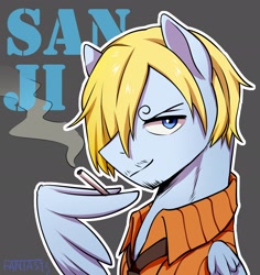 Size: 1936x2048 | Tagged: safe, artist:song_fantasy, pegasus, pony, anime, cigarette, clothes, crossover, gray background, male, necktie, one piece, ponified, shirt, simple background, smoking, solo, stallion, vinsmoke sanji, wing hands, wings