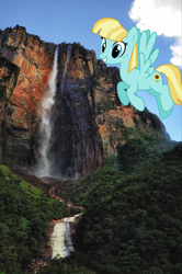 Size: 2362x3549 | Tagged: safe, artist:starryshineviolet, edit, helia, pegasus, pony, g4, angel falls, female, flying, high res, irl, looking at you, mare, photo, ponies in real life, smiling, smiling at you, solo, venezuela, water, waterfall