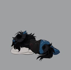 Size: 754x744 | Tagged: safe, artist:sannateacupss, earth pony, pony, undead, zombie, zombie pony, bring me the horizon, gray background, lying down, male, messy mane, messy tail, oliver sykes, on side, pillow, ponified, request, scar, simple background, solo, stallion, tail, torn ear