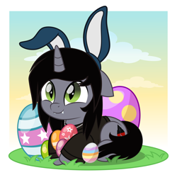 Size: 5066x5000 | Tagged: safe, artist:jhayarr23, pony, unicorn, bunny ears, clothes, commission, disguise, disguised siren, easter egg, egg, fangs, horn, jewelry, kellin quinn, lying down, male, necklace, ponified, prone, shirt, sleeping with sirens, slit pupils, smiling, solo, stallion, ych result