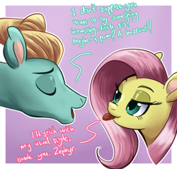 Size: 1728x1651 | Tagged: safe, artist:thescornfulreptilian, fluttershy, zephyr breeze, pegasus, pony, g4, :p, brother and sister, dialogue, eyes closed, female, male, open mouth, open smile, siblings, smiling, tongue out