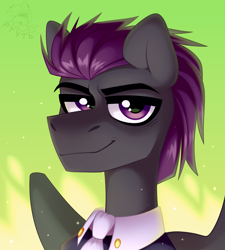 Size: 1800x2000 | Tagged: safe, artist:rtootb, oc, oc only, pegasus, pony, clothes, collar, commission, costume, cute, fire, gray fur, green background, headshot commission, icon, looking at you, male, pegasus oc, purple eyes, purple hair, simple background, smiling, solo, stallion