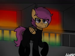 Size: 1440x1080 | Tagged: dead source, safe, artist:mistystudios1, scootaloo, pegasus, pony, fanfic:rainbow factory, g4, 2022, absentia, abstract background, black suit, bodysuit, clothes, factory scootaloo, fanfic art, female, filly, foal, folded wings, frown, liquid rainbow, raised hoof, signature, sneaking suit, solo, spectra, sweat, sweatdrop, wings