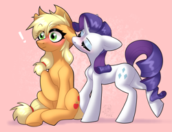 Size: 2055x1578 | Tagged: safe, artist:rtootb, applejack, rarity, earth pony, pony, unicorn, g4, applejack's hat, biting, blushing, butt, cowboy hat, duo, duo female, ear bite, ear kiss, embarrassed, eyes closed, female, girlfriend, green eyes, hat, in love, kissing, lesbian, mare, pink background, plot, raised hoof, relationship, ship:rarijack, shipping, simple background, sitting, standing, surprise kiss