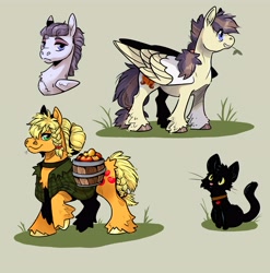 Size: 4000x4050 | Tagged: safe, artist:sandieflower, applejack, inky rose, oc, cat, earth pony, pegasus, pony, g4, absurd resolution, alternate hairstyle, apple, bucket, female, filly, foal, food, green background, inkyjack, lesbian, magical lesbian spawn, mare, offspring, parent:applejack, parent:inky rose, parents:inkyjack, pegasus oc, pet oc, shipping, simple background, straw in mouth, unshorn fetlocks