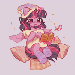Size: 2550x2550 | Tagged: safe, artist:deadchrltte, twilight sparkle, alicorn, pony, g4, book, clothes, cute, female, glowing, glowing horn, hat, high res, horn, levitation, magic, magic aura, mare, nightcap, pillow, purple background, reading, simple background, socks, solo, sparkles, striped socks, telekinesis, twiabetes, twilight sparkle (alicorn)