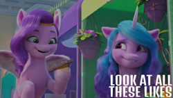 Size: 1920x1080 | Tagged: safe, edit, edited screencap, editor:quoterific, screencap, izzy moonbow, pipp petals, pegasus, pony, unicorn, g5, izzy does it, my little pony: make your mark, my little pony: make your mark chapter 2, spoiler:my little pony: make your mark, spoiler:my little pony: make your mark chapter 2, spoiler:mymc02e01, adorapipp, cellphone, cute, diadem, duo, duo female, excited, female, flying, grin, happy, headband, izzybetes, jewelry, mare, nervous, nervous smile, open mouth, open smile, phone, regalia, smartphone, smiling, spread wings, wings, worried smile