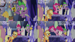 Size: 2000x1125 | Tagged: safe, edit, edited screencap, editor:quoterific, screencap, applejack, cheese sandwich, fluttershy, pinkie pie, rarity, spike, dragon, g4, the last laugh, cutie map, twilight's castle, winged spike, wings