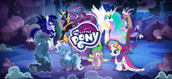 Size: 1666x768 | Tagged: safe, gameloft, idw, discord, larry, moonmist, nightmare rarity, princess celestia, rarity, shadowfright, spike, trixie, alicorn, bat pony, draconequus, dragon, nightmare forces, pony, unicorn, g4, my little pony: magic princess, my little pony: the movie, alternate timeline, female, idw showified, loading screen, male, mare, movie accurate, my little pony logo, nightmare takeover timeline, stallion, video game, winged spike, wings