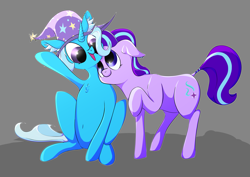 Size: 4961x3508 | Tagged: safe, artist:estellewdp, starlight glimmer, trixie, pony, unicorn, g4, chest fluff, duo, duo female, ear fluff, female, gray background, lesbian, looking at each other, looking at someone, ship:startrix, shipping, simple background, sitting, standing