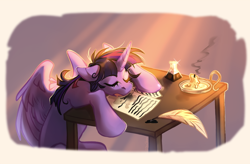 Size: 3000x1963 | Tagged: safe, artist:djkaskan, twilight sparkle, alicorn, pony, book, candle, crepuscular rays, drool, floppy ears, high res, ink, inkwell, morning, quill, sleeping, solo, table, twilight sparkle (alicorn)