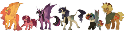 Size: 1280x333 | Tagged: safe, artist:mynameislazy, applejack, fluttershy, pinkie pie, rainbow dash, rarity, twilight sparkle, alicorn, pegasus, pony, unicorn, g4, accessory, chest fluff, clothes, curved horn, goggles, group, horn, jacket, leonine tail, redesign, scarf, shirt, simple background, size difference, tail, transparent background, twilight sparkle (alicorn)